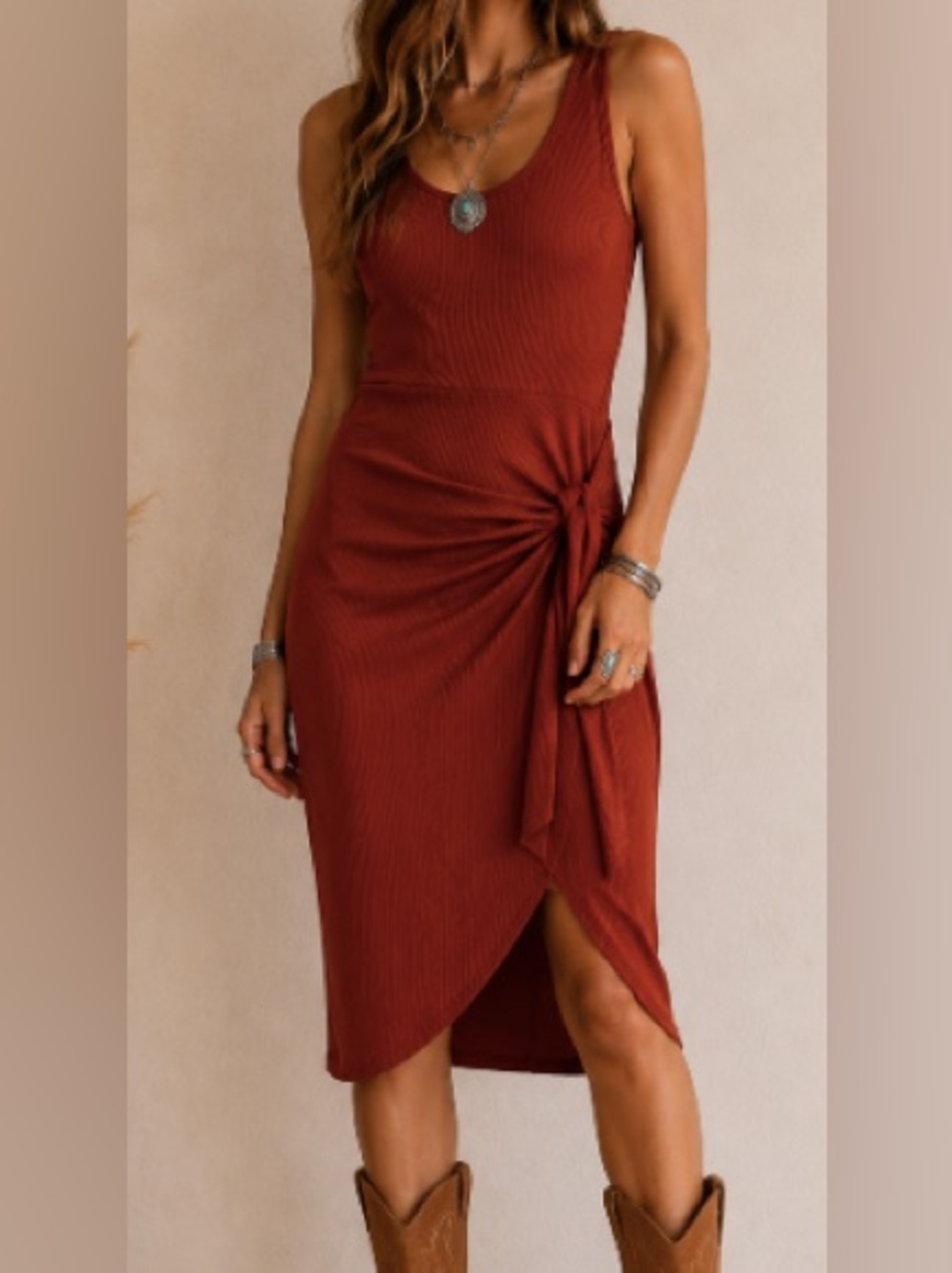 NINE BRITTON Paprika Ribbed Faux Wrap Midi Body Con Tank Dress Size XSP